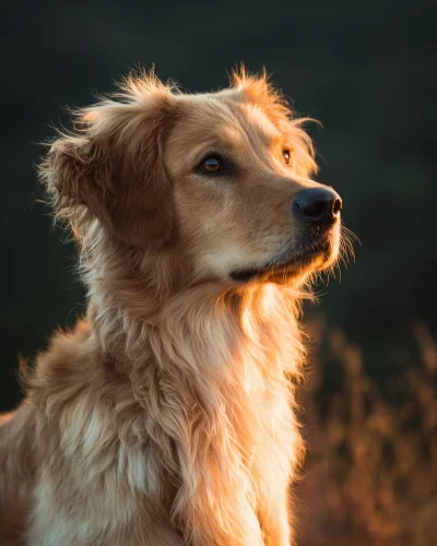 Attentive Golden Retriever Dog Portrait Bathed in Golden Hour Sunlight in Nature