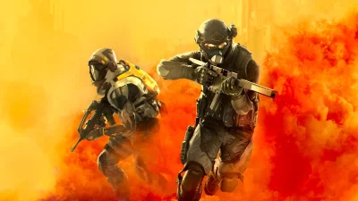 Futuristic Soldiers Advancing Through Intense Fiery Smoke in Tactical Combat image