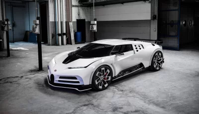 Sleek White Bugatti Hypercar in Industrial Garage: Luxury Performance Vehicle Photography image