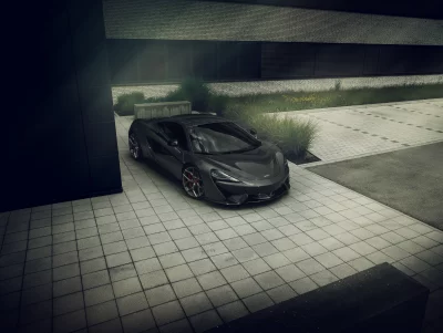 Sleek Dark Grey McLaren Sports Car Parked in Modern Urban Setting Cinematic Wallpaper image