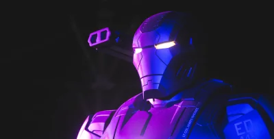 War Machine Superhero Armor with Glowing Eyes in Dark Sci-Fi Setting image