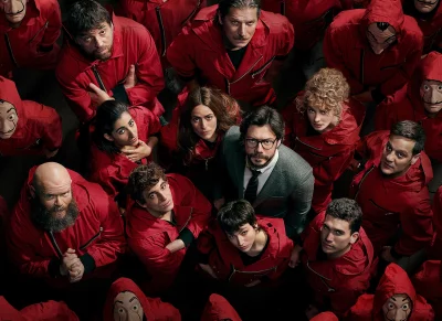Organized Crew in Red Jumpsuits and Salvador Dalí Masks, Led by The Professor, Looking Up image