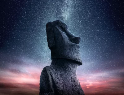 Moai Statue Gazing at the Milky Way Cinematic Night Wallpaper image