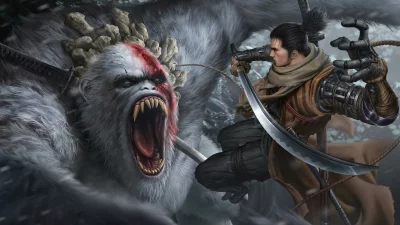 Epic Confrontation: Samurai Warrior with Prosthetic Arm vs Giant Ape image