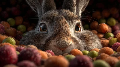 Fluffy Rabbit with Expressive Eyes Emerging from a Pile of Colorful Sugary Treats