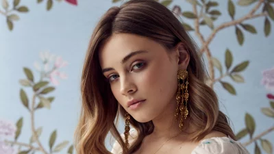 Elegant Woman Portrait with Flowing Hair and Ornate Golden Drop Earrings image