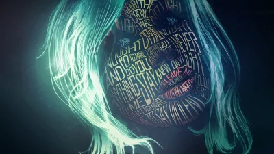 Lyrical Typography Art Shaping Woman's Face with Ethereal Glowing Hair image