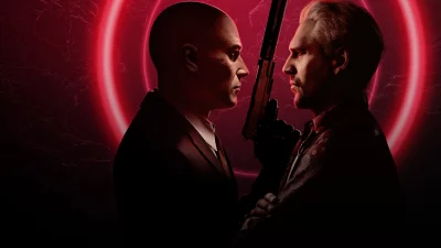 Intense Agents Facing Off with Silenced Gun in Dark Cinematic Red Glow Wallpaper image