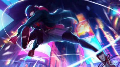 Miles Morales Spider-Man Leaping Through Dynamic Cyberpunk Neon Cityscape image