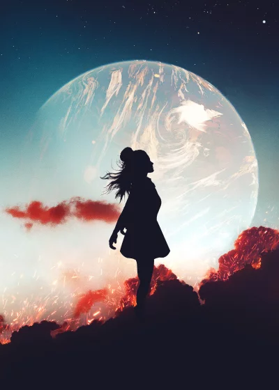 Silhouette Woman Gazing at Distant Planet Amidst Fiery Landscape image