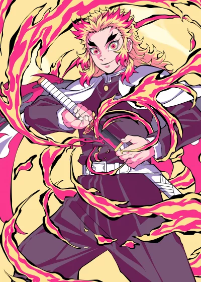 Vibrant Kyojuro Rengoku from Demon Slayer in Explosive Flame Action Pose image