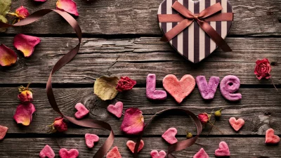 Romantic 'LOVE' display with heart gift box and dried roses on rustic wood image