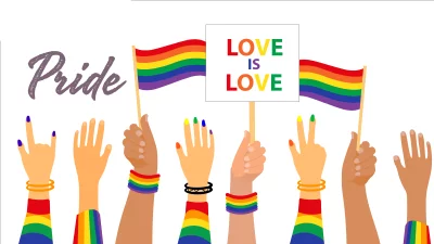 Diverse Hands Holding Rainbow Flags and 'Love is Love' Sign for LGBTQ+ Pride image