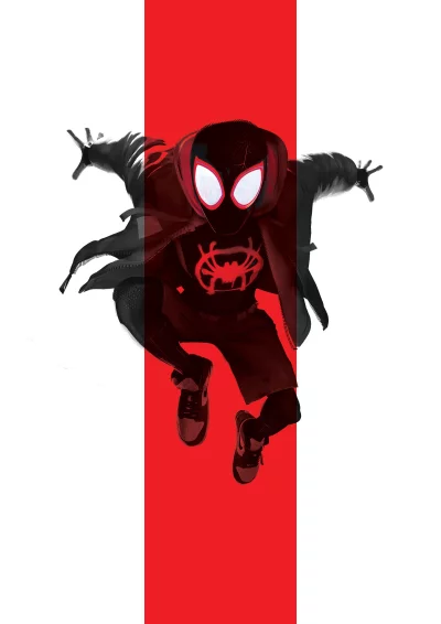Dynamic Miles Morales Spider-Man Leaping Across Vibrant Red and White Background image