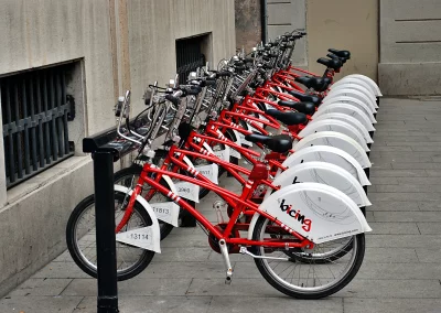 Sustainable Urban Transport: Bicing Rental Bicycles Lined Up in Barcelona City image