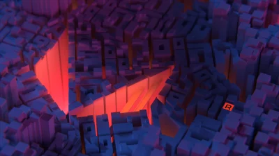 Abstract Digital Cityscape with Glowing R Symbol and Dynamic Blue Purple Hues image
