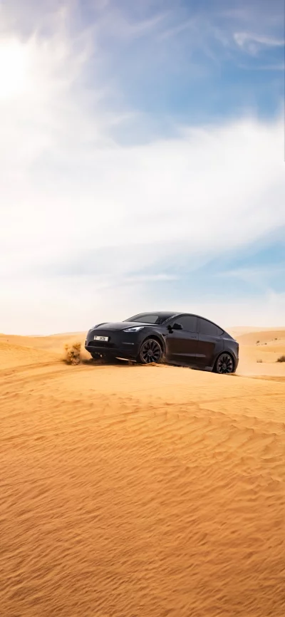 Dynamic Black Tesla Model Y Navigating Golden Desert Dunes Under Vast Sky image