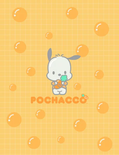 Cheerful Pochacco Character Eating Carrot on Yellow Grid Background with Orange Bubbles image
