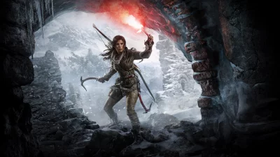 Lara Croft Navigates Icy Cave, Holding Flare and Ice Axe in Snowy Mountains image