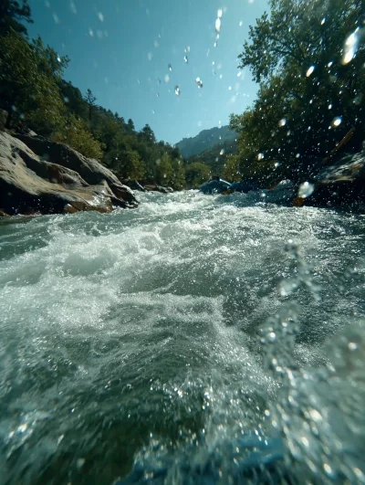 Rafting through rapids with splashes of water against a blue sky.