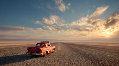 Retro Red Police Car Driving on Open Highway at Sunset