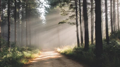 Golden Sun Rays Piercing Through a Misty Tranquil Pine Forest Path image