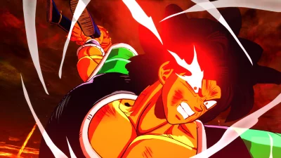 Dynamic Anime Warrior Unleashing Fiery Red Energy Attack in Intense Battle Scene image