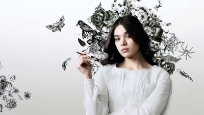 Pensive Young Woman in White Dress with Intricate Sketch Art of Nature and Insects image