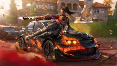 Futuristic Agent on Dynamically Styled Car Engaged in High-Octane Gunfire image