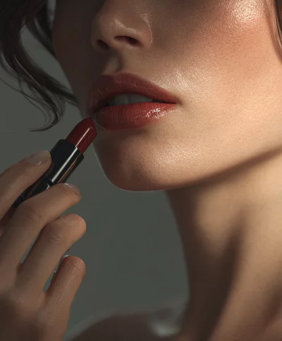 Detailed View of a Woman Applying Elegant Red Lipstick for Beauty Makeup image