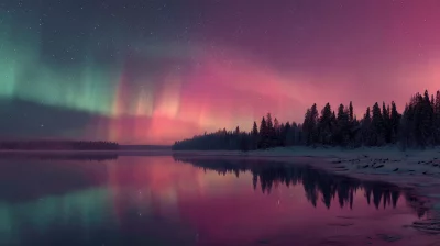 Vibrant Northern Lights Illuminate a Frozen Lake and Snowy Forest at Night