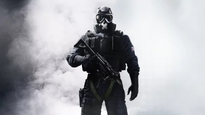 Elite Tactical Operator in Gas Mask with Submachine Gun in Smoky Environment image