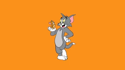 Classic Animated Tom and Jerry Duo Playfully Posing on a Vibrant Orange Backdrop image