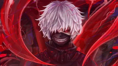 Anime Ghoul Character with White Hair, Glowing Red Eyes, and Menacing Mask in Dynamic Red Art image