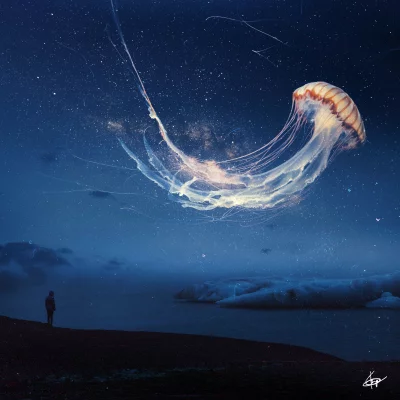 Cosmic Jellyfish Encounter: Figure on Shore Under Star-Filled Night image