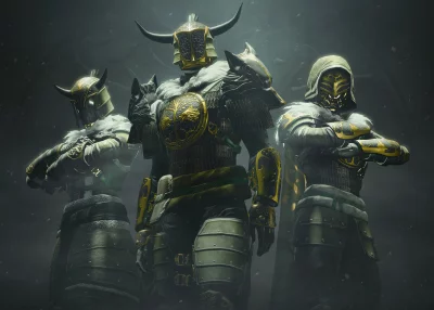 Three Armored Fantasy Guardians in a Mystical, Snowy Setting with Gold Accents image