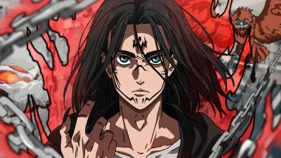 Eren Yeager Character with Intense Gaze and Hand Gesture in Anime Battle image