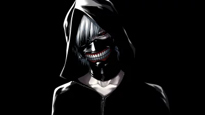 Intense Anime Character with Mask and Glowing Red Eyes in Dark Setting image