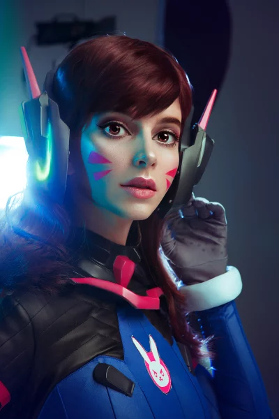 Captivating D.Va Cosplay Portrait: Futuristic Gaming Character with Neon Lighting and Dynamic Style image