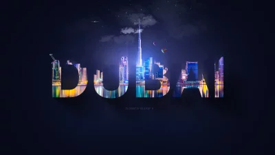 Dubai Night Cityscape Inside Stylized Text with Stars and Balloons image