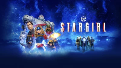 DC Comics Stargirl TV Series Cast with Superheroes and Villains on a Cosmic Background image