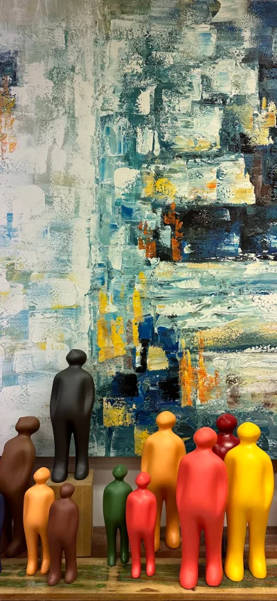 Vibrant Abstract Painting with Diverse Human Figurines Art Exhibition Display image