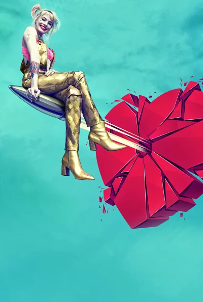 Vibrant Harley Quinn on Bullet Shattering a Broken Red Heart Pop Culture image
