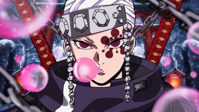 Anime Uzui Tengen Character Blowing Pink Bubblegum with Chains and Snowy Japanese Shrine image