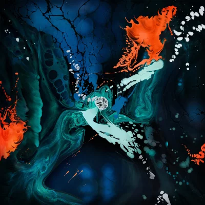 Vibrant Fluid Abstract Art with Dynamic Blue Orange Teal Swirls image
