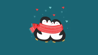 Adorable Cartoon Penguins Cuddling in a Festive Red Scarf with Hearts and Snowflakes image