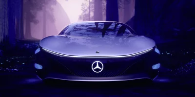 Futuristic Mercedes Electric Concept Car with Glowing Lights in Mystical Forest image