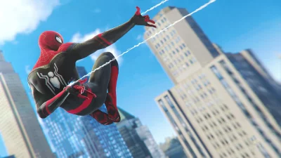 Vibrant Spider-Man in Red and Black Suit Web-Slinging Across Cityscape image