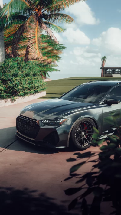 Dark gray Audi RS6 Avant parked on driveway with tropical backdrop