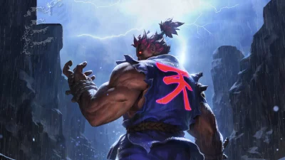 Fierce Akuma Character Unleashes Power in Thunderstorm with Glowing Eyes image